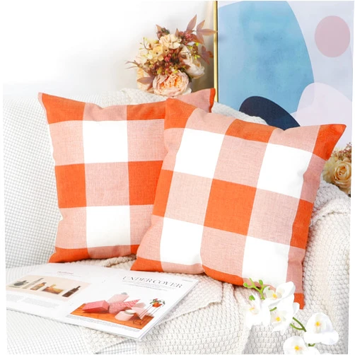 UYBeauty Pack of 2 Buffalo Check Plaid Throw Pillow Covers 18x18 Inch Farmhouse Retro Decorative Square Cushion Covers Linen Pillow Case for Home Décor,Orange and White