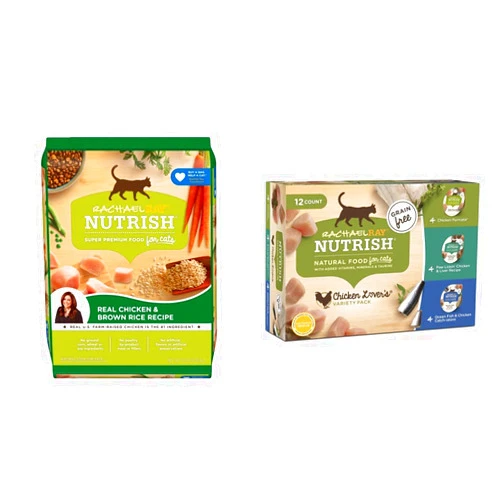 Nutrish Rachael Ray Nutrish Chicken & Brown Rice 14 Pounds Dry Cat Food + Chicken Lovers Variety Pack 2.8 Ounce (Pack of 12) Wet Cat Food Bundle