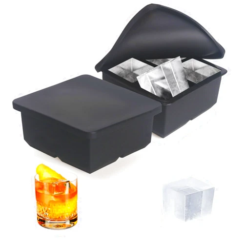 BECOKIT Large Silicone Ice Cube Tray with Lid (2.5-Inches), Stackable Square Ice Cube Molds for Whiskey,Cocktails,Baby Food Soup Frozon Treat, 2Pack Giant Silicon Ice Cube Tray (Black 2 Tray)