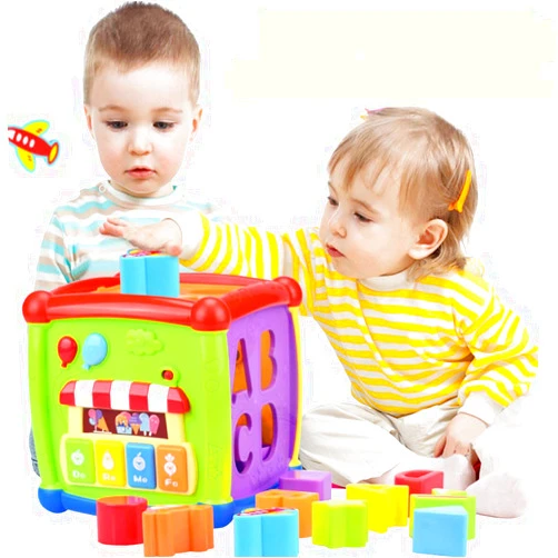 Huanger Multifunctional 6 Sided Cube Toy for 1-3 Year-Old Baby, Including Blocks, Clock, Gears, Music Panel with Keyboard
