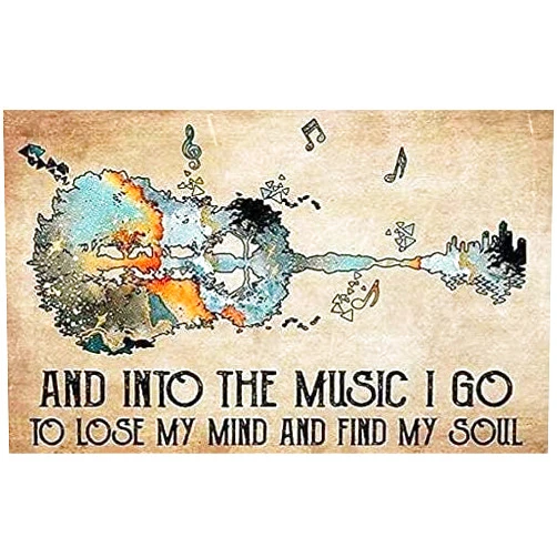 EYSL Guitar Metal Tin Sign,Into The Music I Go to Lose My Mind and Find My Soul,Metal Wall Panel Retro Art Decoration for Home Club Cabin Garage Store Bar Cafe Farm 8x12 Inch