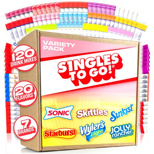 Singles To Go! 120ct Bulk Variety Pack - 20 Different Flavors from Skittles, Sonic, Sunkist, Starburst and More - Sugar Free Drink Mix Packets - Sugar Free Water Flavoring Packets