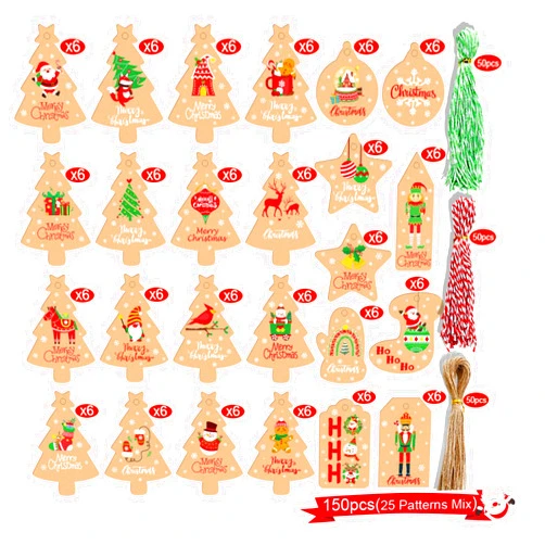 Novemkada Christmas Tree Gift Tags,150PCS Xmas Decorations Hanging Labels for Christmas Trees Kraft Paper DIY Gift Wrapping Packaging