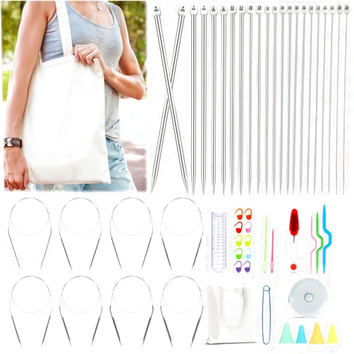 Katech Knitting Needles Set, 9 Pairs Circular Knitting Needles Set and 22 Pcs Single Pointed Knitting Needles Set with Tote Bag Knitting Accessories Knitting Supplies Knitting Needles for Beginners