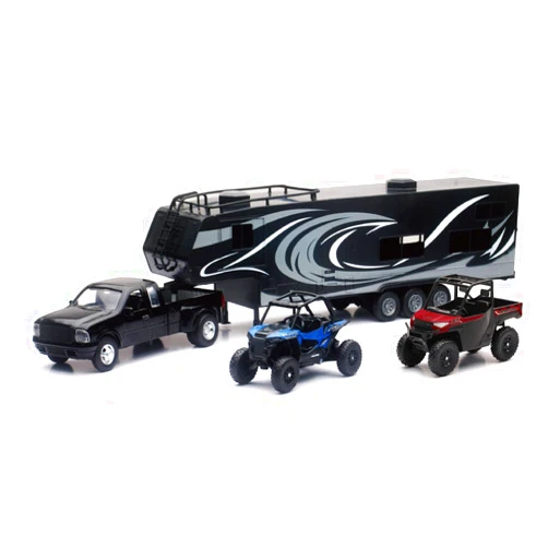 NewRay New Ray Toys Die cast Pick up Truck with Toy Hauler and 2 Polaris Vehicles (Blue RZR and red Ranger)