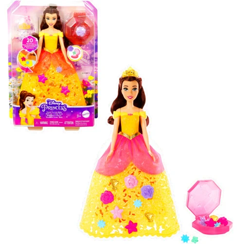 MATTEL Disney Princess Flower Fashion Belle Doll With 20 Charms, Customizable Skirt & Storage Case