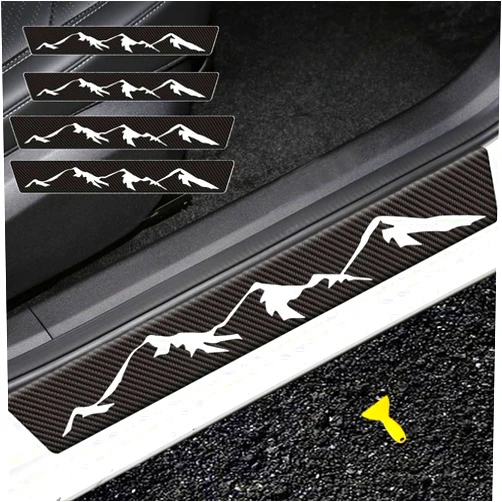 GOOSSI 4 Pack Mountain Car Door Sill Protectors, Universal Size Carbon Fiber Front/Rear Door Sill Plate Guard Stickers (Mountain)