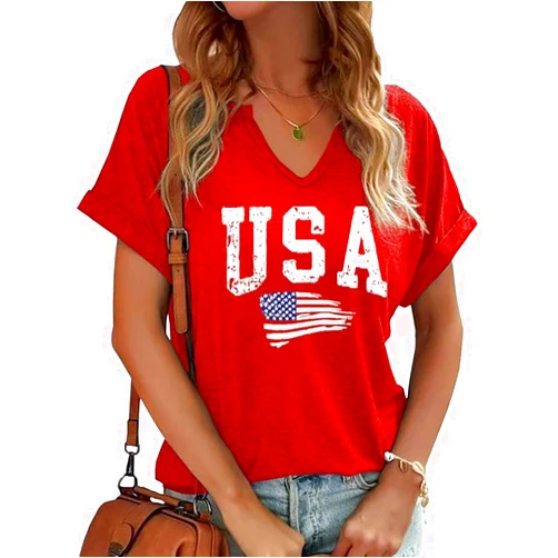 Earlymemb Patriotic V Neck Shirts 4th of July for Women American Flag Graphic Tee Casual Color Block Short Sleeve Summer Tops