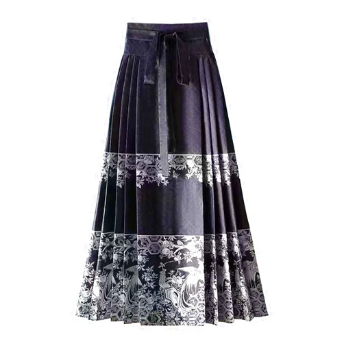 Luooli Comfy Summer Dresses for Women Chinese Skirts for Women Horse Face Skirt Ethnic Print Long Swing Pleated Tie up A-Line Skirt Hanfu Dress Clothes Knit Summer Dresses for Women