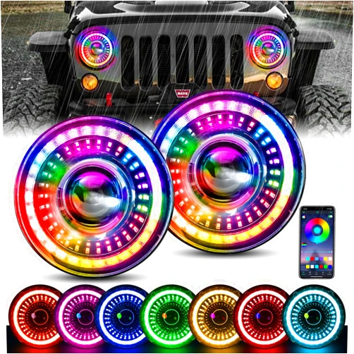 UTVJATV 7 Inch LED Headlight with Halo,RGB Headlights DOT Approved Bluetooth APP Control Compatible for 1997-2017 Jeep Wrangler JK JKU TJ LJ Rubicon Sahara