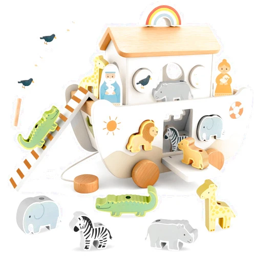 WoodsyJoy Wooden Noah’s Ark Toy for Toddlers 1-3, Baptism Christening Gifts for Boys Girls, Christian Toy Animal Shape Sorter, Baby Birthday