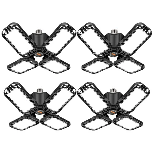 Tudoccy LED Garage Light 4 Pack, 120W Ultra Bright LED Shop Light with 4 Adjustable Panels, 12000LM E26/E27 Base Deformable Ceiling Light Fixtures for Garage, Workshop, Attic, Basement, Barn (Black-4 Pack)