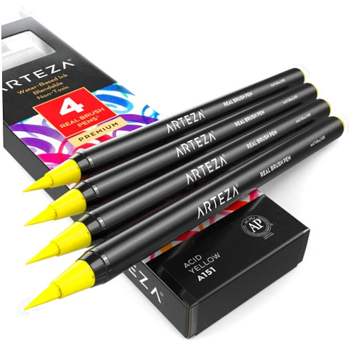 ARTEZA Real Brush Pens, A151 Acid Yellow, Pack of 4, Watercolor Pens with Nylon Brush Tips, Art Supplies for Dry-Brush Painting, Sketching, Coloring & Calligraphy
