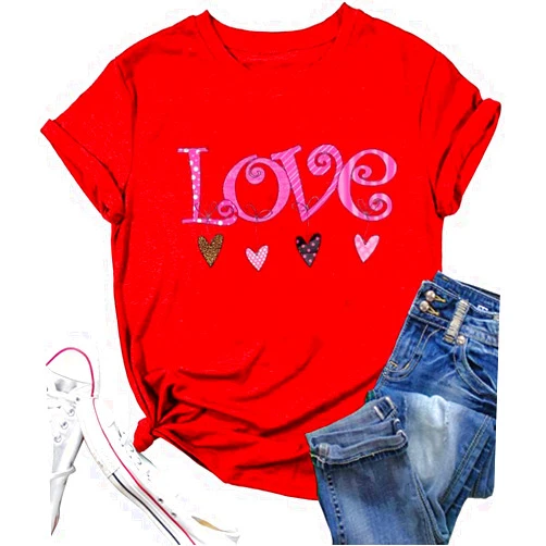 Ovazly Women Love Heart Printed Shirts Valentine's Day Cute Casual Graphic T Shirts Spring Tops Trendy Tee Gifts