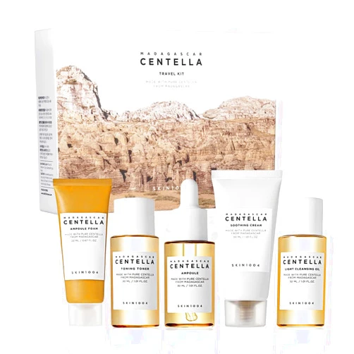SKIN1004 Madagascar Centella Travel Kit, Toner, Ampoule, Soothing Cream, Cleansing Oil, Ampoule Foam, Basic Skincare Box, Compact Size, Gift Sets, Mothers Day Gifts for Mom Gifts for Women, Trial Kit