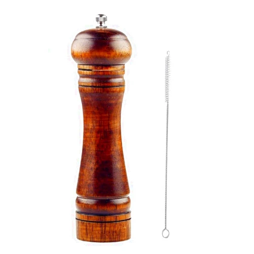 S & C Living Wooden Pepper Mill or Salt Mill with a cleaning brush - 8 inch tall - Best Pepper or Salt Grinder Wood with a Adjustable Ceramic Rotor and easily refillable - Oak Wood Pepper Grinder for your kitchen