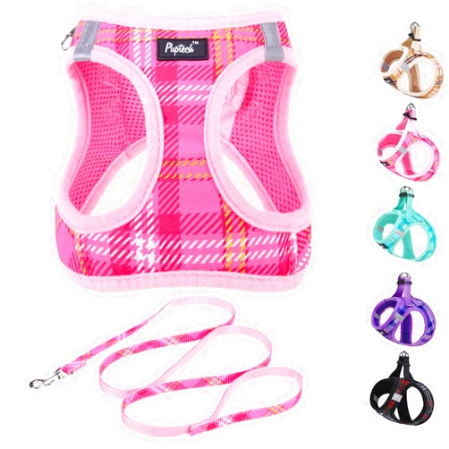 PUPTECK Dog Harness and Leash Set for Small Medium Dogs No Pull Step-in Soft Mesh Puppy Cat Vest Harnesses Reflective at Night, Plaid Pattern Pink S