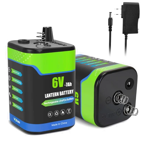 Volkate 6V Lantern Battery, 6 Volt Rechargeable LiFePO4 4R25 Battery with Charger, 2 Pack, with Long-Lasting Power for Lantern, Flashlight, Emergency Light, Deer Game Feeder, Fencing (Spring Terminal)