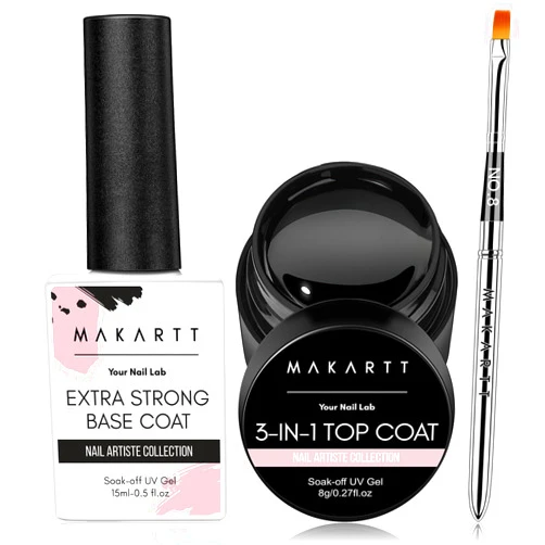 Makartt Gel Top Coat and Base Coat Set: 2Pcs Gel Polish with Nail Art Brush 15ml Long-Lasting Extra Strong Base Coat Nail Gule for Charm & 8ml Glossy Finish Hard Gel Top Coat for Salon Lamp Needed