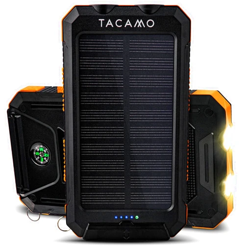 TACAMO® Solar Power Bank Portable Charger - IP67 Waterproof and Dustproof - TSA Compliant - for Backpacking and Camping - Dual USB Port, Fast Charging Battery Pack with 3-Mode Emergency Flashlight