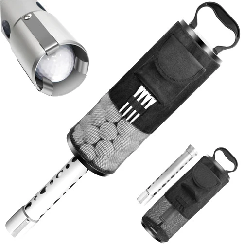 Kamitty Golf Ball Retriever, Shag Bag for Golf Balls with Detachable Aluminum Alloy/Plastic Tube, Golf Shag Bags Golf Ball Shagger with Pocket & Tee Holder, Hold up to 80 Balls