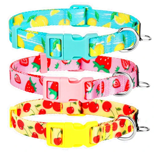 azuza 3 Pack Fruit Design Dog Collars Comfortable and Adjustable Nylon Dog Collars for Puppy Small Dogs, XS (8-12inch)，Strawberry，Lemon and Cherry