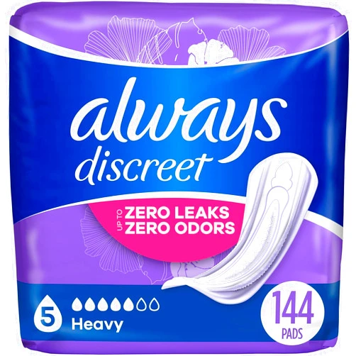 Always Discreet Adult Incontinence & Postpartum Incontinence Pads for Women, Heavy Absorbency 48 Count x 3 Packs (144 Count total) (Packaging May Vary)