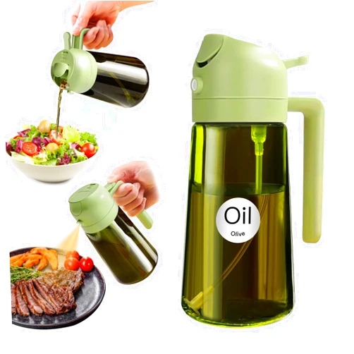 YARRAMATE 16oz/470ml Light Blocking Oil Sprayer for Cooking with Stickers, Food-Grade 2 in 1 Olive Oil Dispenser Bottle for Kitchen, Premium Dark Green Glass Oil Bottle for Air Fryer, BBQ (Green)