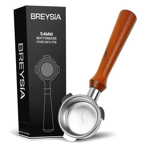 BREYSIA 54mm Bottomless Portafilter – Compatible with Breville Espresso Machines – Portafilter 54mm with Ergonomic Rosewood Handle + 18g Basket | BRESYIA