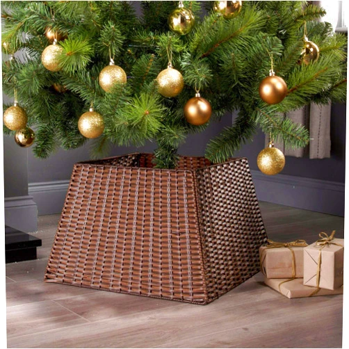 SUNNYPARK Christmas Tree Collar, Handmade Artificial Rattan Wicker Christmas Stand Tree Collar Basket Base Cover for Holiday Decoration-Square Brown