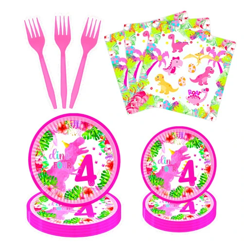 Miruwtog 80ps 4th Birthday Decorations Girl Dinosaur,Roar Im 4 Dinosaur Party Decorations, Dino Four Birthday Decorations Girl.