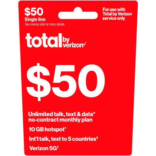 Total wireless Total by Verizon $50 Unlimited Plan+10GB Hotspot+Int.Call[Physical Delivery]