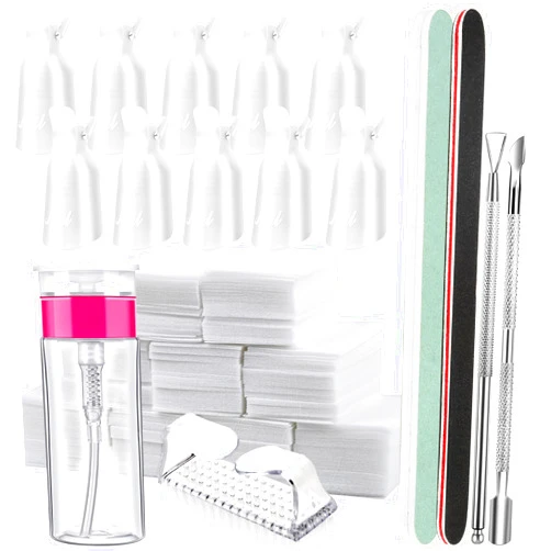 FANDAMEI Nail Polish Gel Remover Tools Kit, 10 Pcs Clear Nail Clips, 100ml Nail Polish Remover Bottle, 500 Pcs Remover Cotton Pad, Nail Brush, Cuticle Pusher, Cuticle Peeler, Nail File, Buffer Block