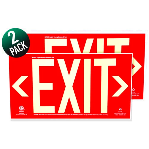NightBright USA Photoluminescent Exit Sign Red - Pack of 2 - Aluminum - UL 924 Code Approved/IBC/NFPA 101 / NightBright USA Part Number ULR-050 II