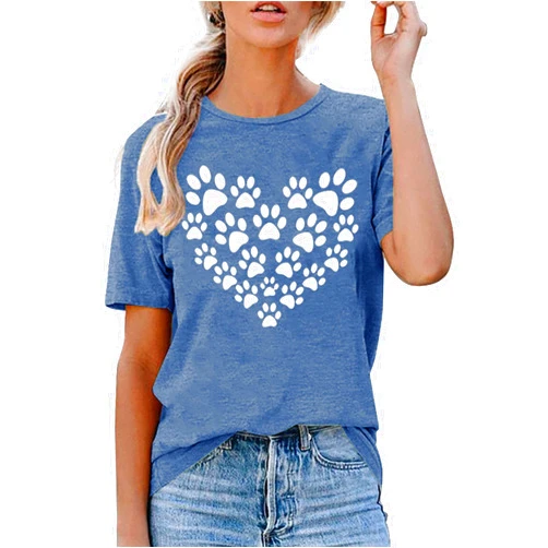 XIWUKOD Cute Dog Paw Print T-Shirts Love Heart Short Sleeve Shirts Women's Casual Dog Lover Tee Blouse