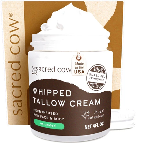 SACRED COW 100% Pure Organic Grass Fed Beef Tallow for Skin Care, Face Moisturizer, Body Butter, Hand Cream - Natural Whipped Tallow & Honey Balm Lotion Cream - Made in the USA - 4oz (UNSCENTED)