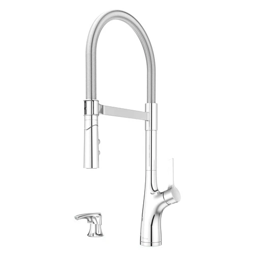 Pfister Ceylon Commercial Culinary Kitchen Faucet with Pull Down Sprayer and Soap Dispenser, Single Handle, High Arc, Polished Chrome Finish, F5297CLOCC