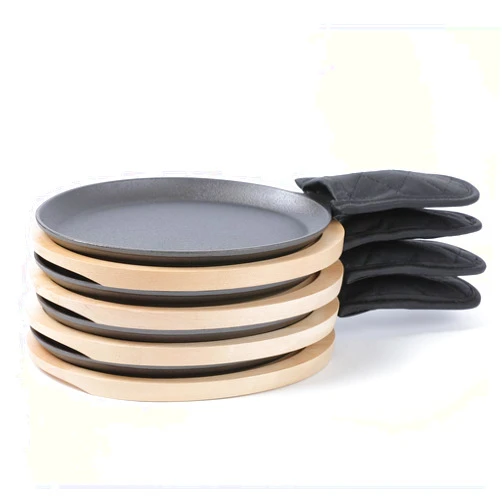 HAWOK Cast Iron Fajita Plate Sizzler Pan Set with Bamboo Tray and Handle Holder, Set of 4, Pre-seasoned Cast Iron Skillet with Bamboo Base and Handle Cover