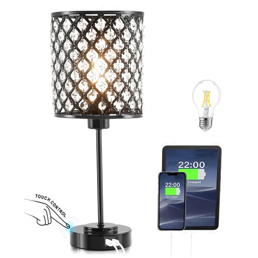 GyroVu Crystal Touch Control Table Lamp with 2 USB Charging Ports, 3-Way Dimmable Black Crystal Table Bedside Lamp Nightstand Desk Light for Bedroom, Girls Guest Room, Living Room, Bulbs Included
