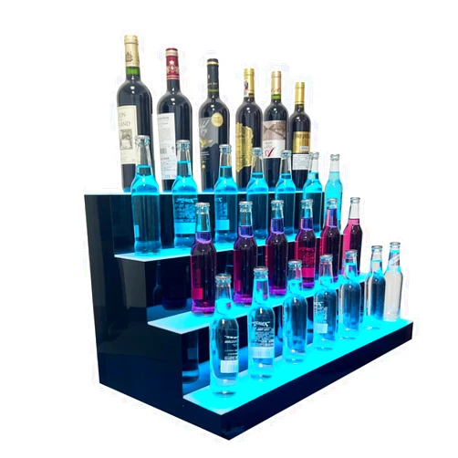 Cozyel 31 Inch 4 Step LED Lighted Liquor Bottle Display Illuminated Liquor Bottle Bar Display Stand LED Display Shelf 4 Tier Home Commercial Bar Drinks Lighting Shelves with Remote Control