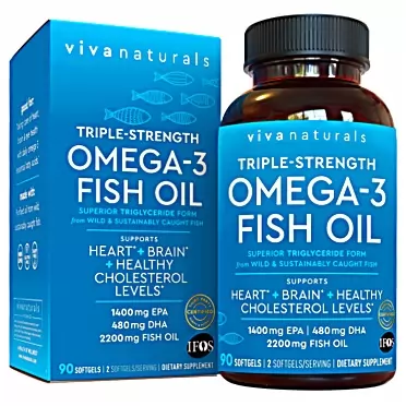 Viva Naturals Fish Oil Omega 3 Supplement (90 Softgels) - 2,200mg EPA & DHA, Triple Strength Wild Triglyceride Omega 3 Fish Oil Supplements with No Fishy Burps 90 Count (Pack of 1)