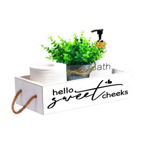 Msyueos Hello Sweet Cheek Decor Box with Rope - Rustic Wooden Storage Box with Funny Design on 2 Sides Perfect for Bathroom Decor, Toilet Paper Holder, Toilet Tank Basket, Toilet Organizer (White)