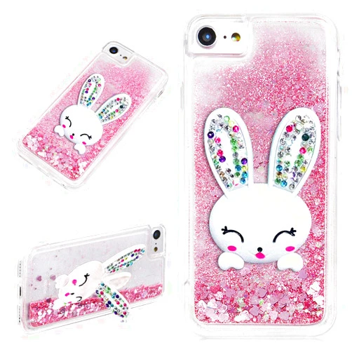 LCHDA for iPhone 5 5S SE Liquid Glitter Case with Cute 3D Cartoon Bunny Ears Sparkle Quicksand Floating Luxury Bling Rabbit Kickstand Crystal Silicone Bumper Protective Cover for Girls Women - Pink