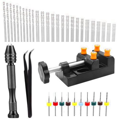 Seamaka 61PCS Vise Hand Drill Bits Set,Include Bench Vice,Pin Vise Hand Drill,10PCS PCB Mini Drill Bits,48 Pieces Micro Twist Drill Bits and Elbow Tweezers,for Craft Carving,Jewelry Making O-062