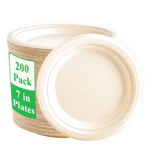Vplus 200 Pack Paper Plates 7 inch 100% Compostable Plates Heavy-Duty Disposable Paper Plates Bagasse Natural Biodegradable Eco-Friendly Sugarcane Plates