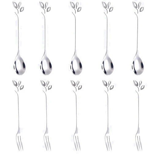 AnSaw 10 PCS Stainless Steel Silver Leaf Coffee Spoon appetizer fork-Creative Tableware Dessert Spoons, Stirring, Mixing, Sugar, Stir, Ice Cream,Fruit, Cake, Teaspoon Set(Silver-5Spoon+5Forks)