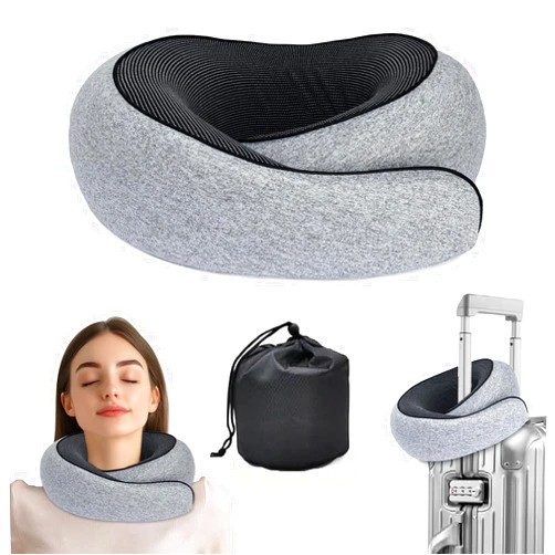 SUPFIVES TECH Travel Pillow, 100% Pure Memory Cotton Aircraft Neck Pillow 360° Support Headrest, Ergonomic Design Memory Foam Filled, Suitable for Aircraft, Office and Car, Washable Cover