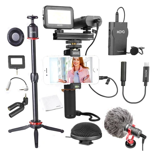 Movo Huge Smartphone Vlogging Kit V8 with USB Type-C Dongle Mini Tripod, Grip Rig, Wireless Shotgun Mini, 360° Stereo Microphones, LED Lights, Remote for TikTok, YouTube, and Streaming