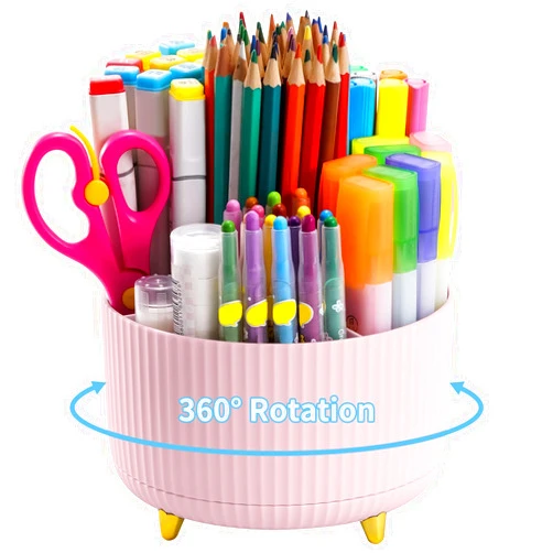 Marbrasse Desk Organizer, 360-Degree Rotating Pen Holder, Desk Organizers and Accessories with 5 Compartments Pencil Organizer, Art Supply Storage Box Caddy for Office, Home(Pink)