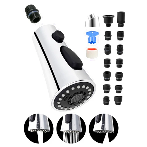 Hygie Rinse Universal Kitchen Faucet Head Replacement CHROME Finish with 15 Adapter Kit Compatible with Kohler/Moen/Delta Faucet, 3 Function Pull Down Sink Faucet Spray Head